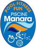 Logo delle Piscine Manara con elementi di nuoto, fitness e divertimento.